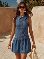 Retro Coastal Blue Denim Peter Pan Collar Button-Down Sleeveless Mini Dress oaklynwear