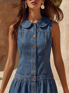 Retro Coastal Blue Denim Peter Pan Collar Button-Down Sleeveless Mini Dress oaklynwear