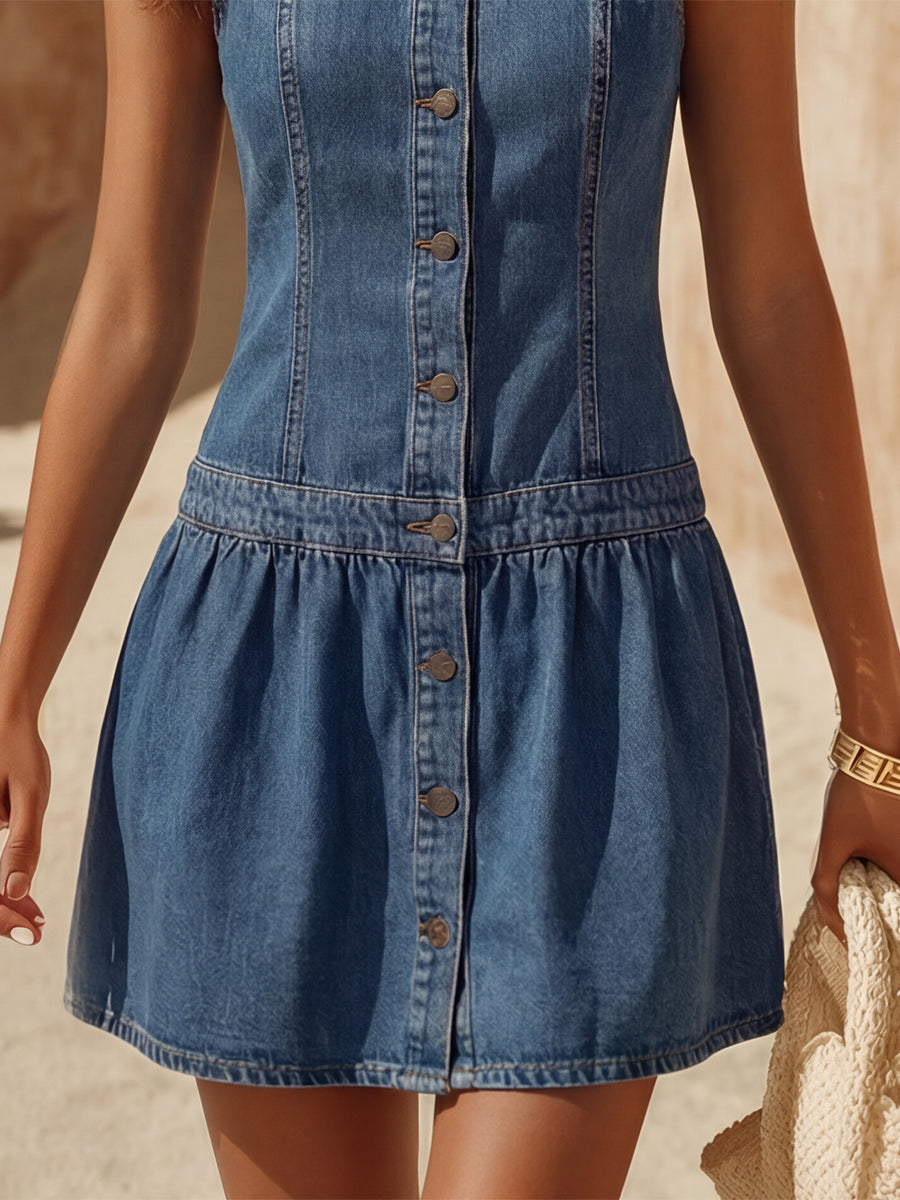 Retro Coastal Blue Denim Peter Pan Collar Button-Down Sleeveless Mini Dress oaklynwear