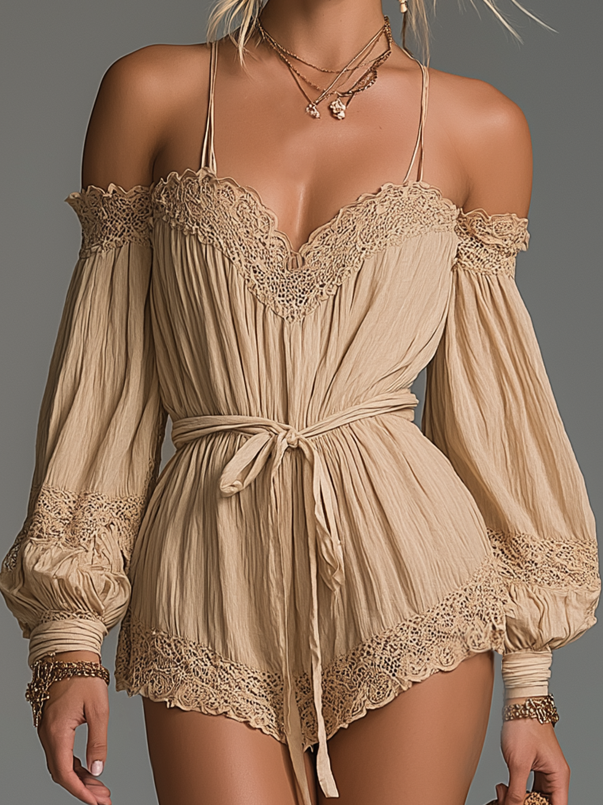 Celeste | Lace Detail Off-Shoulder Chiffon Romper oaklynwear