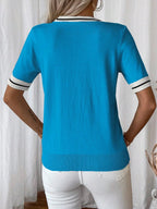 SHEIN Rosurelle Women's Casual Contrast Color Striped Short Sleeve Knit Top, Spring & Summer oaklynwear