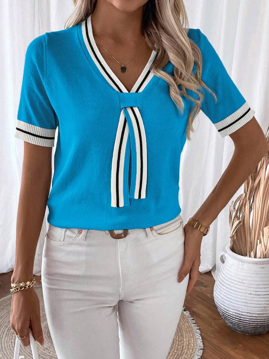 Madelyn | Tie-Neck V-Neck Knit Top with Contrast Trim, Everyday Short Sleeve Sweater oaklynwear