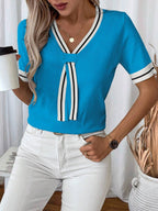 Madelyn | Tie-Neck V-Neck Knit Top with Contrast Trim, Everyday Short Sleeve Sweater oaklynwear