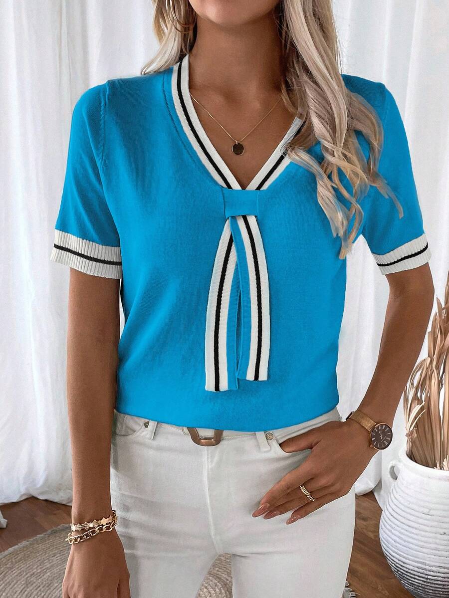 Madelyn | Tie-Neck V-Neck Knit Top with Contrast Trim, Everyday Short Sleeve Sweater oaklynwear