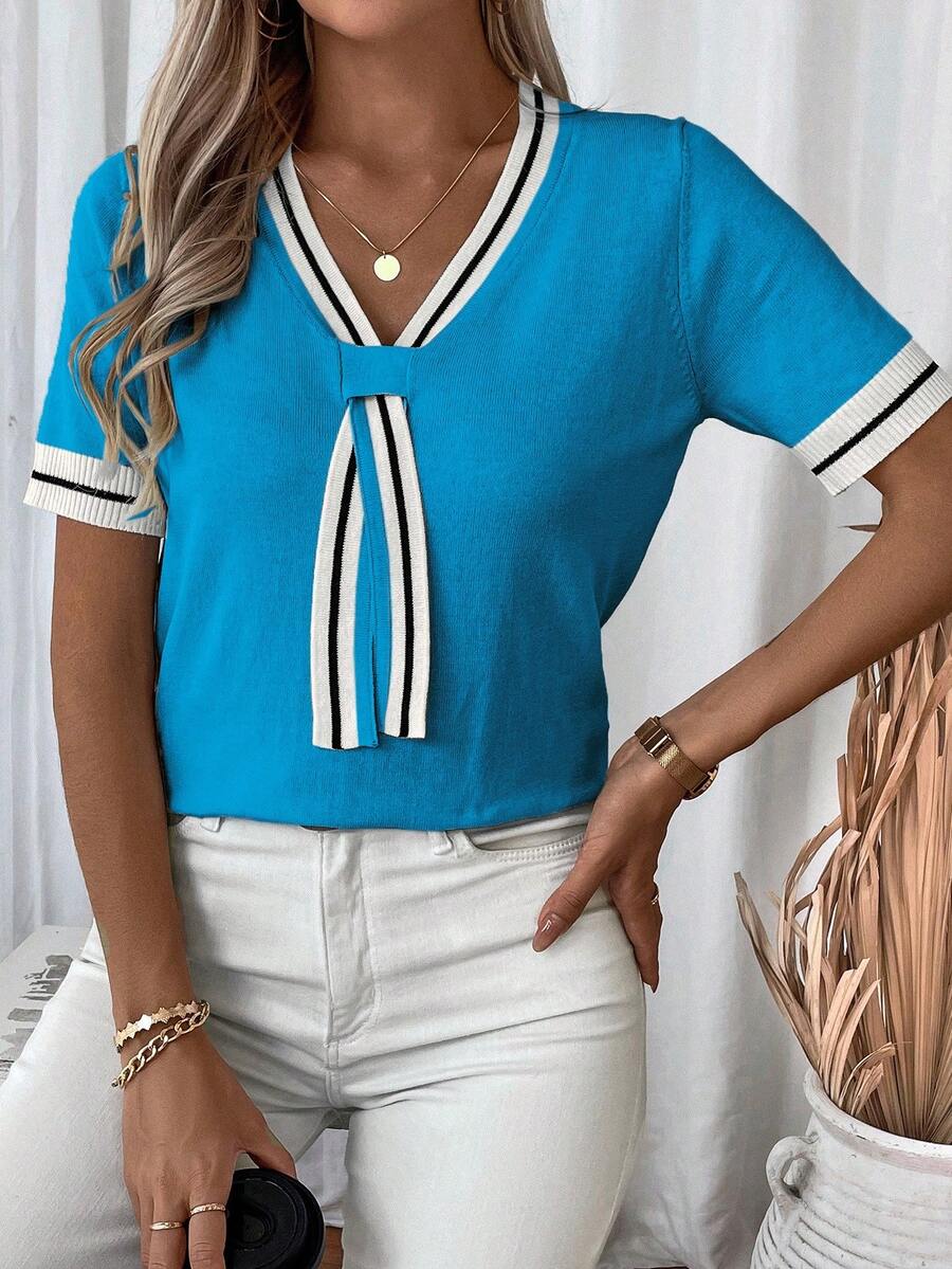 Madelyn | Tie-Neck V-Neck Knit Top with Contrast Trim, Everyday Short Sleeve Sweater oaklynwear
