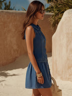 Retro Coastal Blue Denim Peter Pan Collar Button-Down Sleeveless Mini Dress oaklynwear