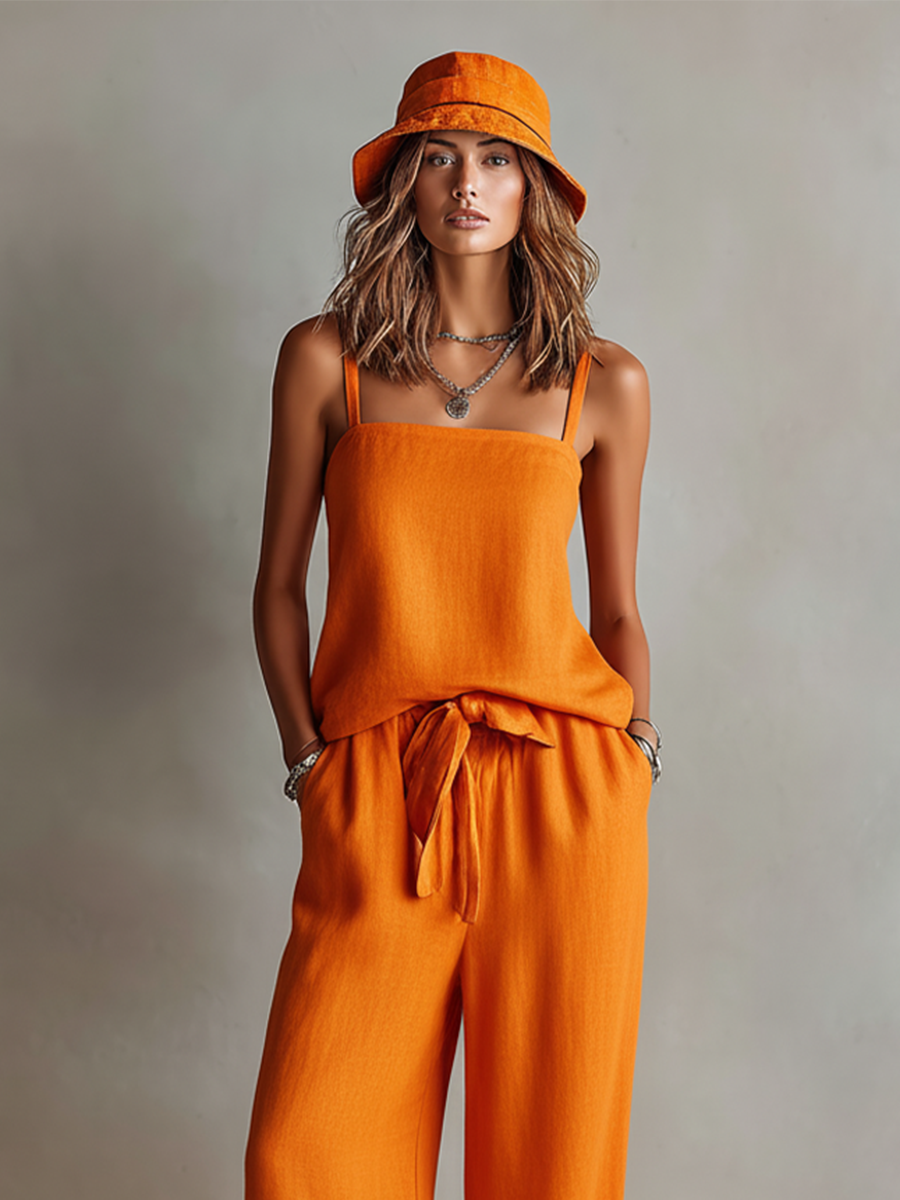 Women's Orange Linen Two-Piece Set With Square Neck Cami Top & Tie-Waist Wide-Leg Pants, Timeless Boho-Resort Style Set MDZ0825D5I oaklynwear
