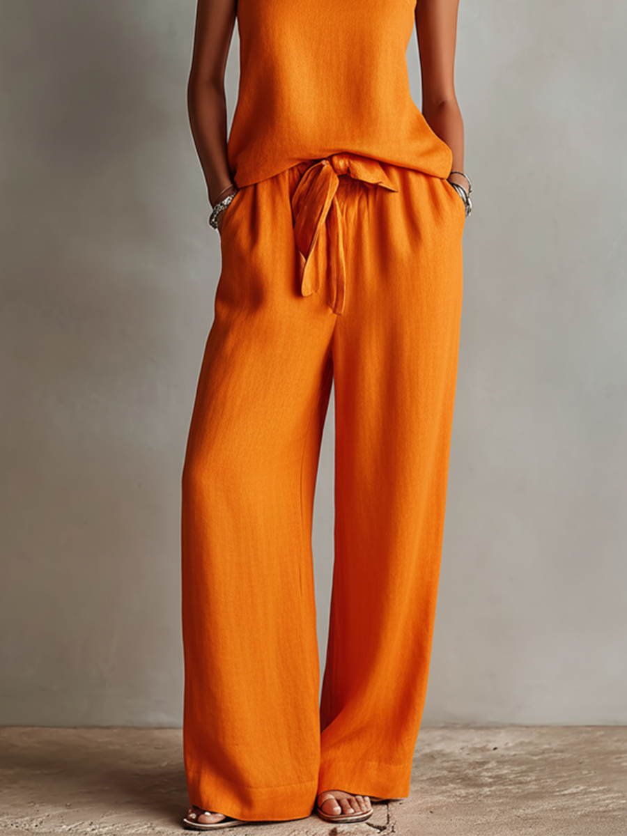 Women's Orange Linen Two-Piece Set With Square Neck Cami Top & Tie-Waist Wide-Leg Pants, Timeless Boho-Resort Style Set MDZ0825D5I oaklynwear