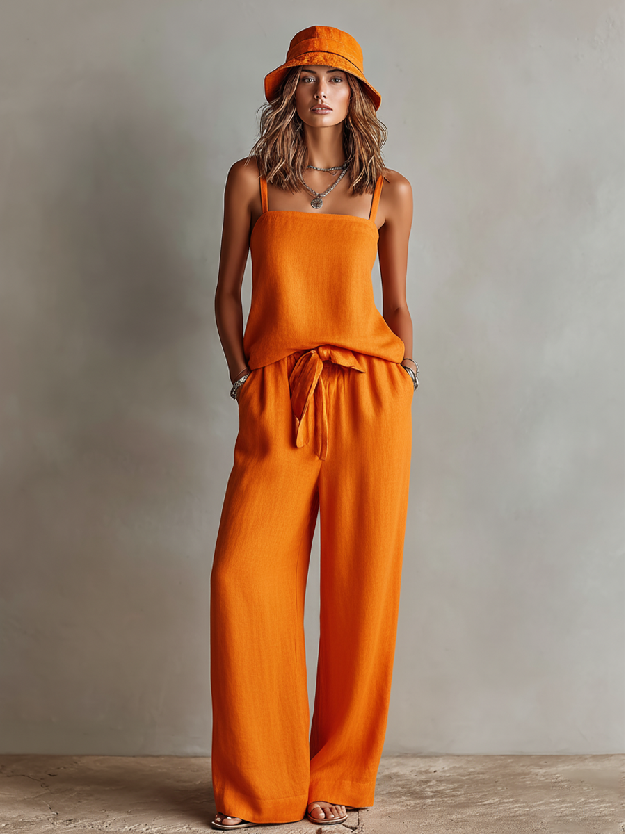 Women's Orange Linen Two-Piece Set With Square Neck Cami Top & Tie-Waist Wide-Leg Pants, Timeless Boho-Resort Style Set MDZ0825D5I oaklynwear