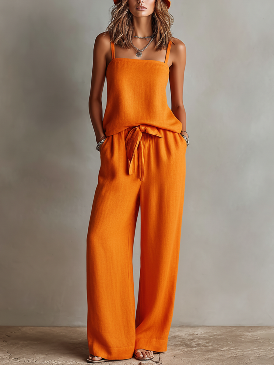 Women's Orange Linen Two-Piece Set With Square Neck Cami Top & Tie-Waist Wide-Leg Pants, Timeless Boho-Resort Style Set MDZ0825D5I oaklynwear
