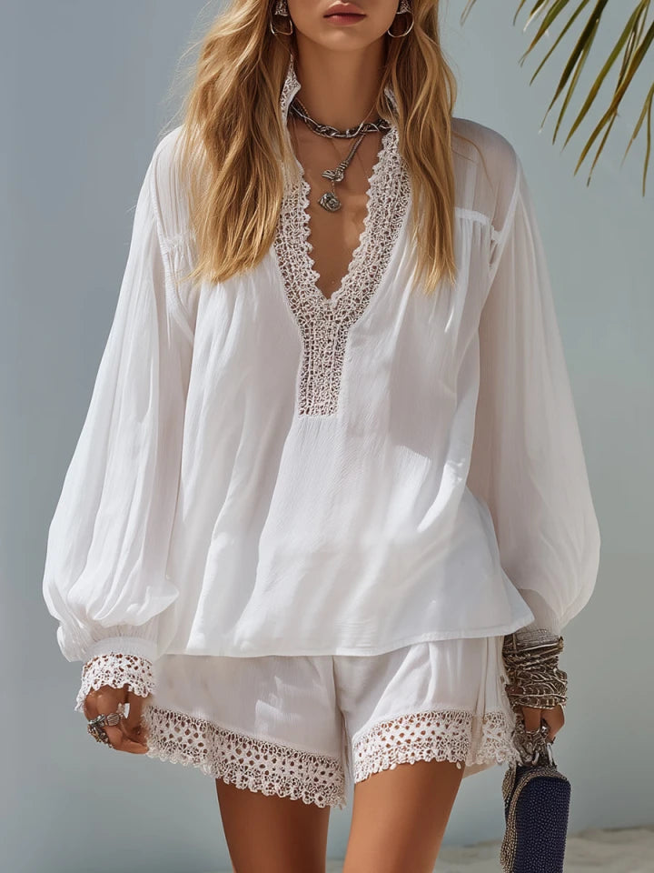 Celeste | Lace Trim Chiffon Top Shorts Set oaklynwear