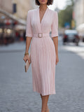 V-Neck Pleated Belted Midi Dress oaklynwear