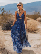 Bohemian-Inspired Flowing V-Neck Chiffon Printed Dark-Blue Maxi Dress For Comfort oaklynwear