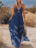 Bohemian-Inspired Flowing V-Neck Chiffon Printed Dark-Blue Maxi Dress For Comfort oaklynwear