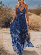 Bohemian-Inspired Flowing V-Neck Chiffon Printed Dark-Blue Maxi Dress For Comfort oaklynwear