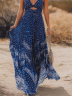 Bohemian-Inspired Flowing V-Neck Chiffon Printed Dark-Blue Maxi Dress For Comfort oaklynwear