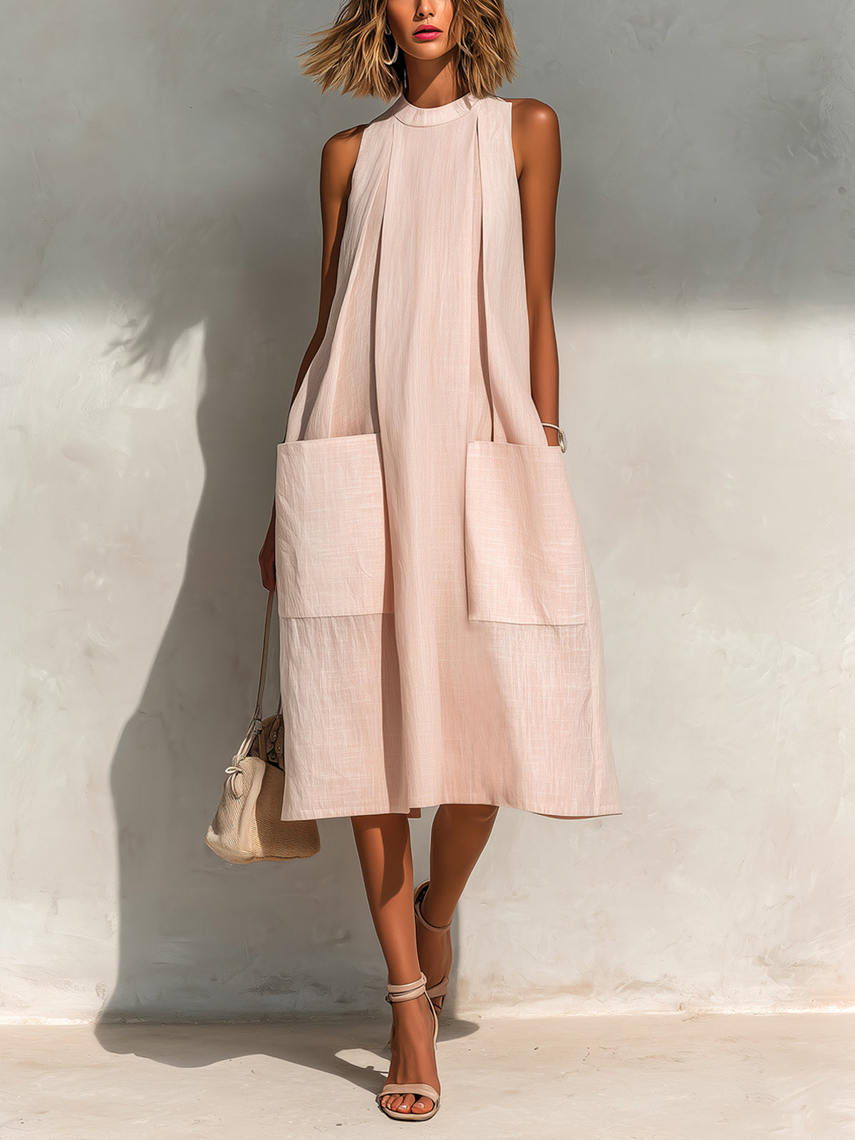 ElevenOra Chic Elegant Light Pink Linen Round-Neck Sleeveless Pleats Detail Patch Pockets Loose-Fit A-Line Midi Dress oaklynwear