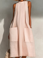 ElevenOra Chic Elegant Light Pink Linen Round-Neck Sleeveless Pleats Detail Patch Pockets Loose-Fit A-Line Midi Dress oaklynwear