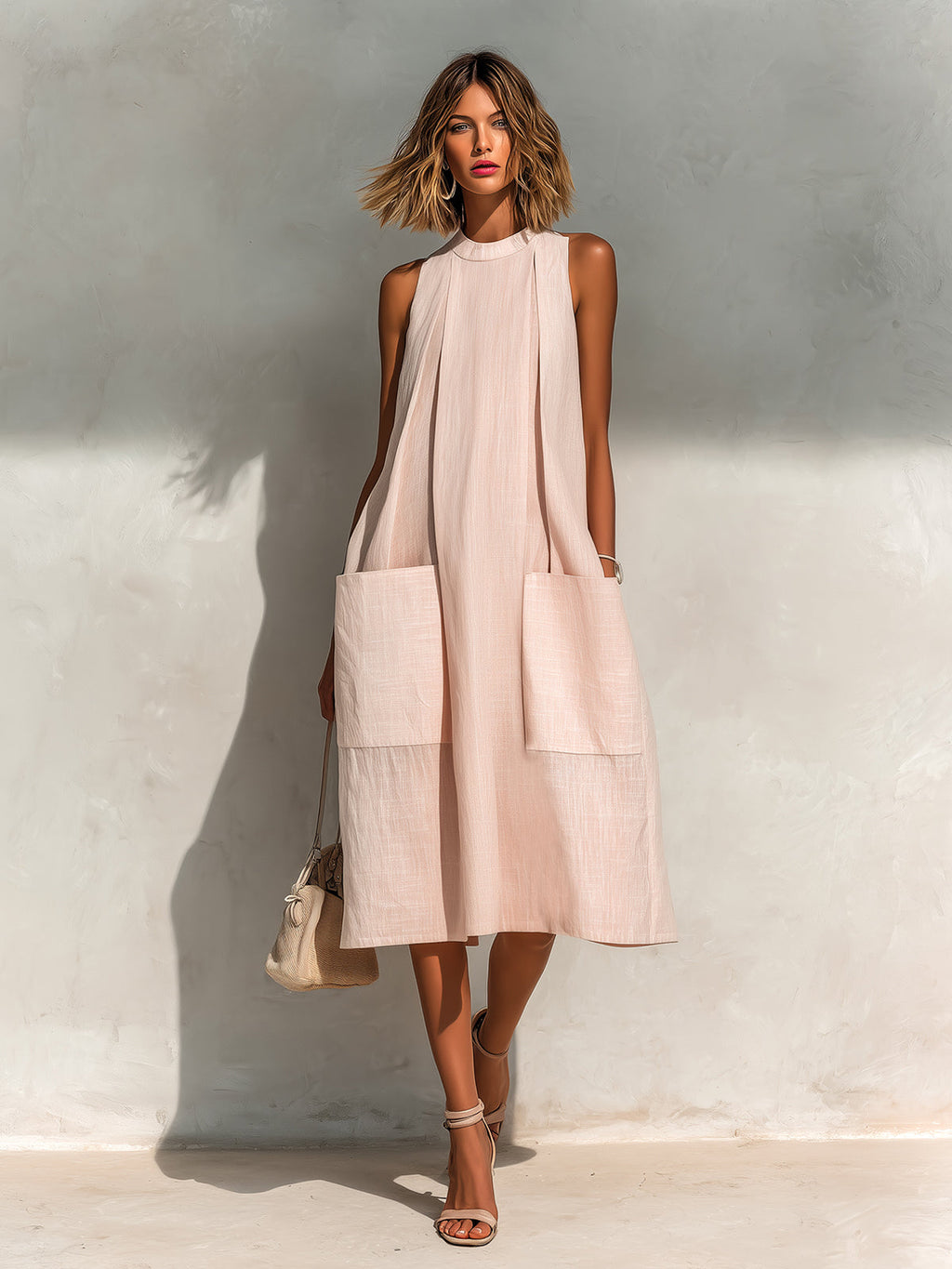 ElevenOra Chic Elegant Light Pink Linen Round-Neck Sleeveless Pleats Detail Patch Pockets Loose-Fit A-Line Midi Dress oaklynwear