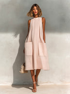 ElevenOra Chic Elegant Light Pink Linen Round-Neck Sleeveless Pleats Detail Patch Pockets Loose-Fit A-Line Midi Dress oaklynwear