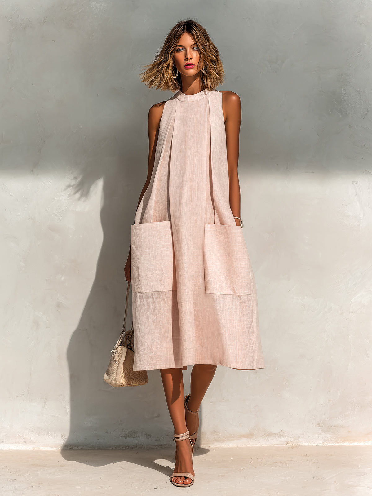 ElevenOra Chic Elegant Light Pink Linen Round-Neck Sleeveless Pleats Detail Patch Pockets Loose-Fit A-Line Midi Dress oaklynwear