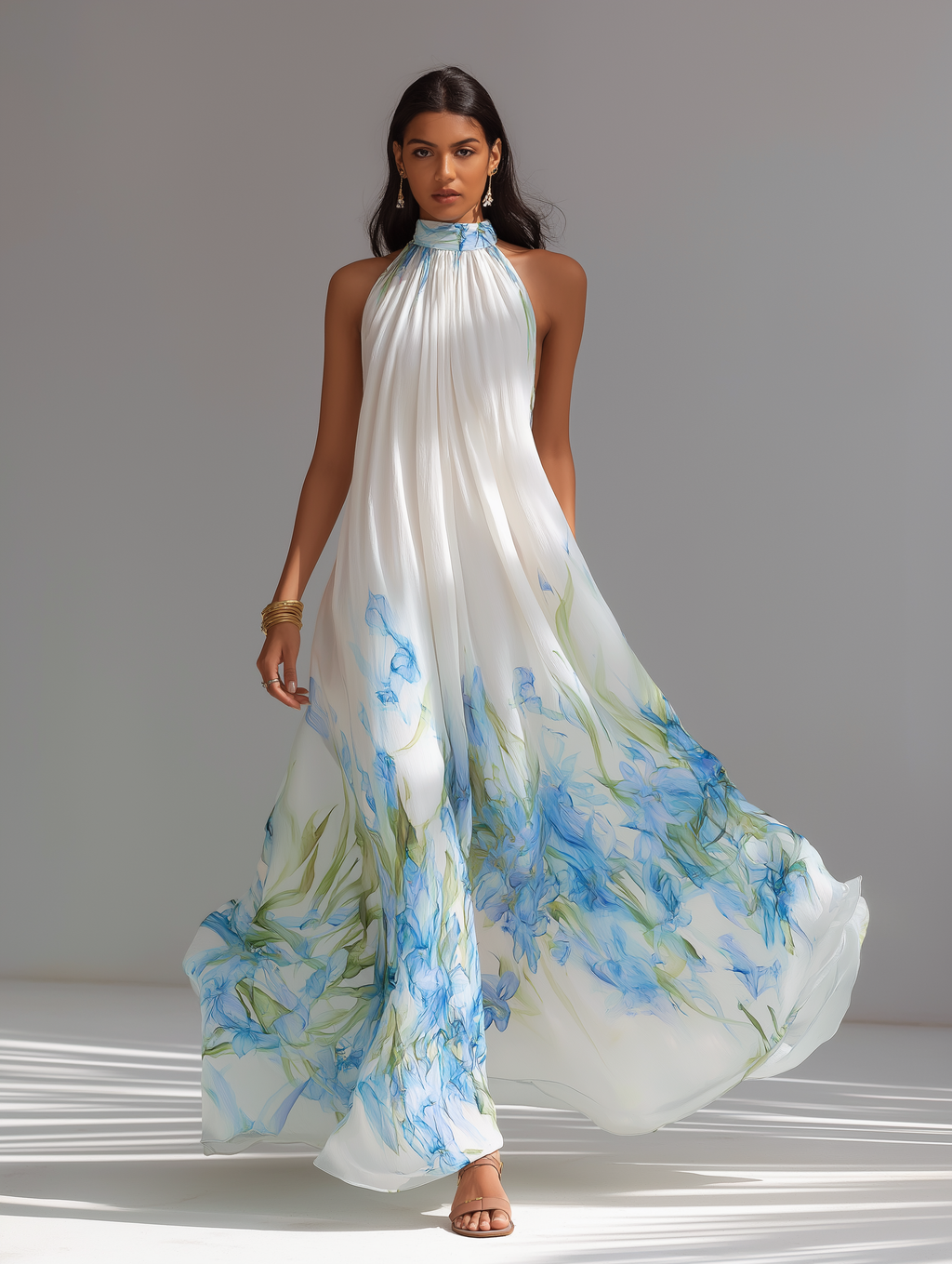 Women's Elegant White Printed Chiffon Halter-Neck Sleeveless Maxi Dress MDZ1415D5LXY oaklynwear
