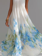 Women's Elegant White Printed Chiffon Halter-Neck Sleeveless Maxi Dress MDZ1415D5LXY oaklynwear
