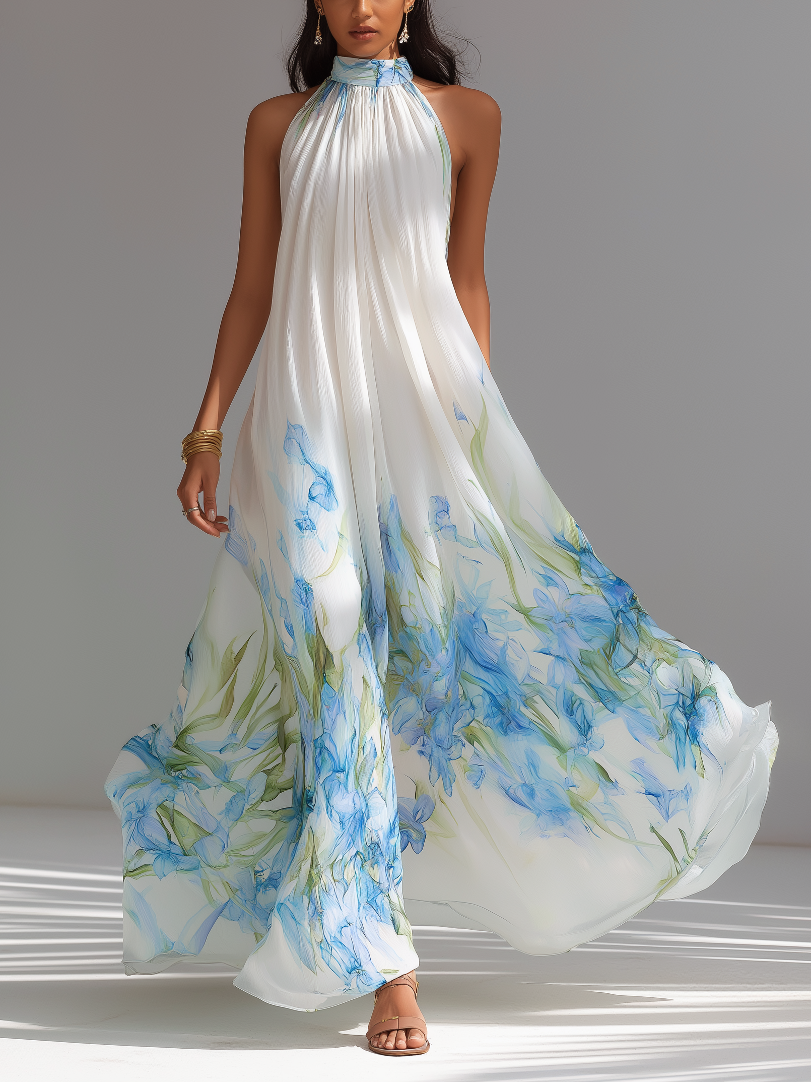 Women's Elegant White Printed Chiffon Halter-Neck Sleeveless Maxi Dress MDZ1415D5LXY oaklynwear