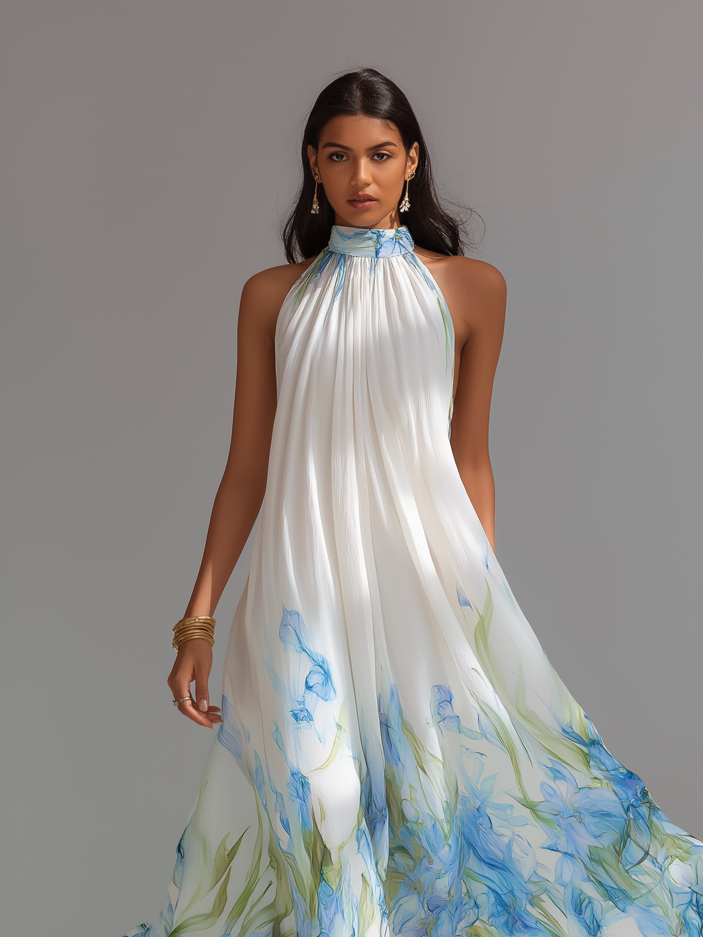 Women's Elegant White Printed Chiffon Halter-Neck Sleeveless Maxi Dress MDZ1415D5LXY oaklynwear