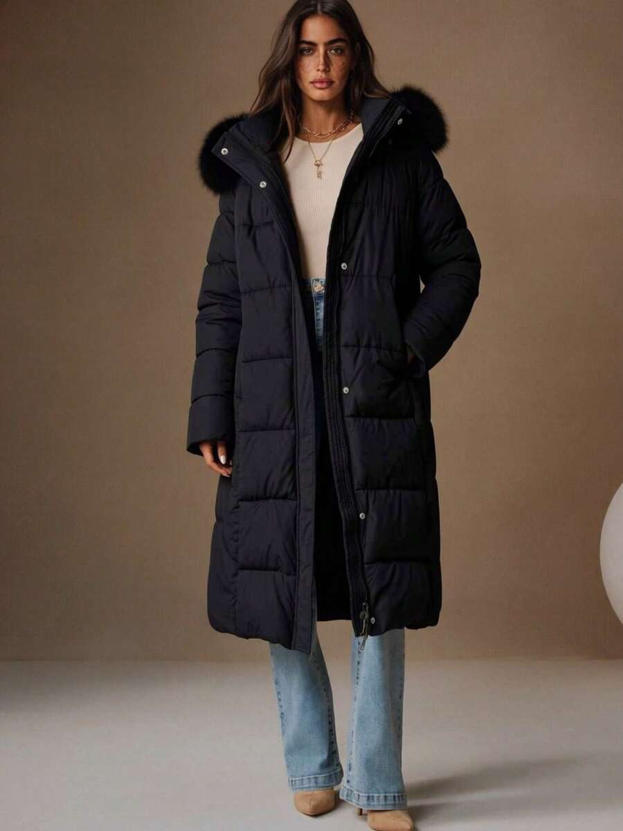 Risissida Women's Casual Hooded Jacket With Pockets, Lightweight Faux Fur Lined Quilted Windbreaker, Suitable For Autumn Daily Wear And Winter Outerwear oaklynwear
