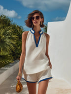 Pippa | Blue Piping Linen Top Shorts Set oaklynwear