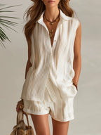 Nautica | Striped Chiffon Collared Top Shorts Set oaklynwear