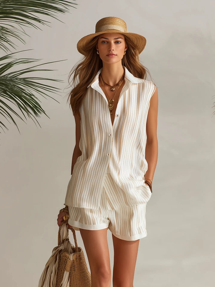 Nautica | Striped Chiffon Collared Top Shorts Set oaklynwear