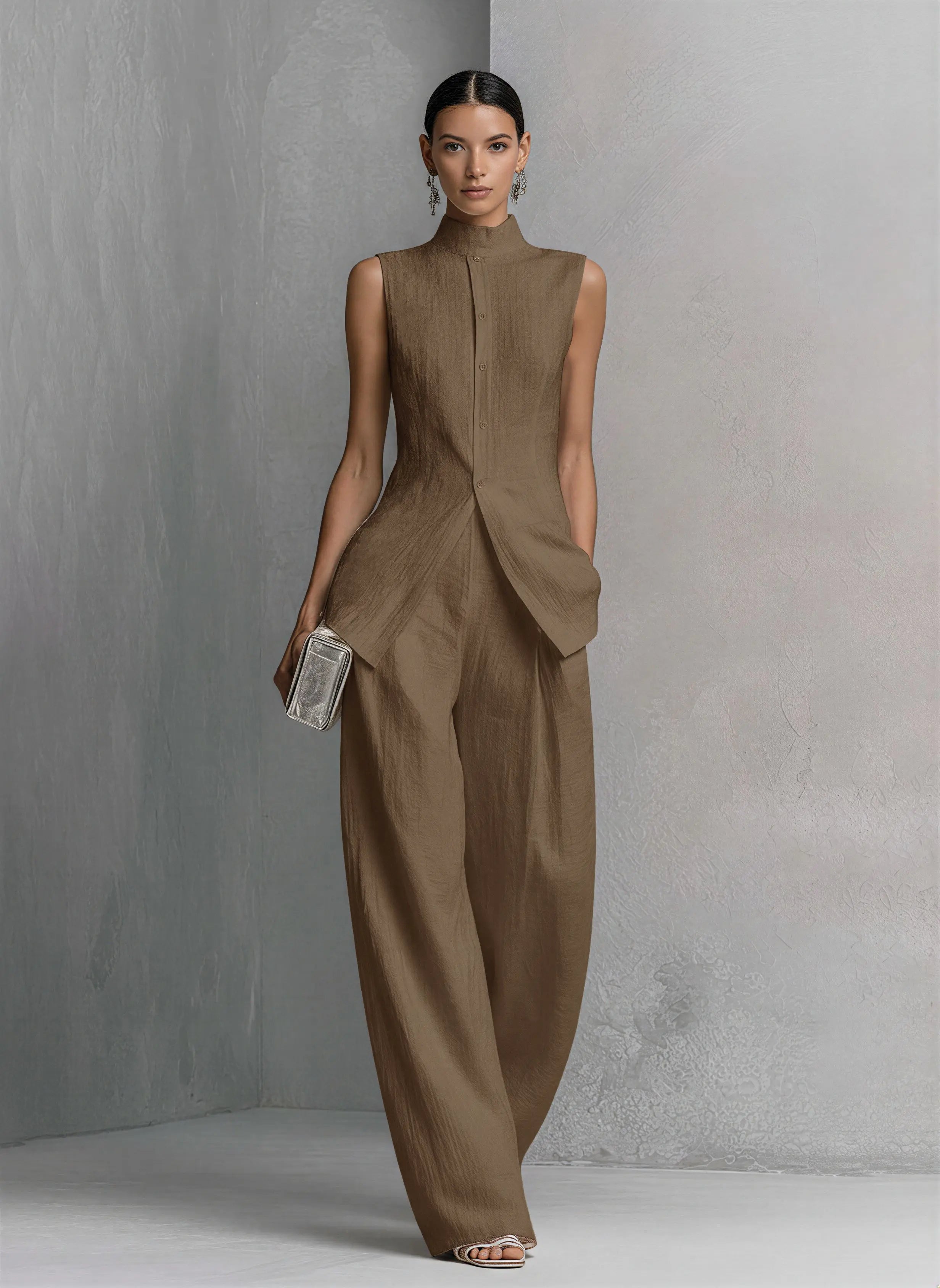 Grace | Women's Elegant White Cotton Linen Sleeveless Top and Wide-Leg Pants Set oaklynwear