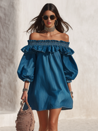 Resort-style off-the-shoulder ruffled three-quarter sleeve denim mini dress oaklynwear