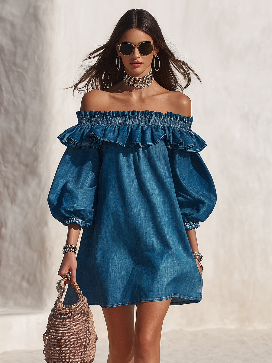 Resort-style off-the-shoulder ruffled three-quarter sleeve denim mini dress oaklynwear