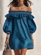 Resort-style off-the-shoulder ruffled three-quarter sleeve denim mini dress oaklynwear
