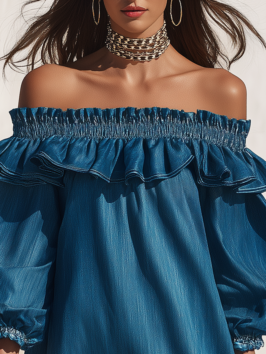 Resort-style off-the-shoulder ruffled three-quarter sleeve denim mini dress oaklynwear