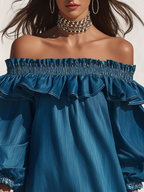 Resort-style off-the-shoulder ruffled three-quarter sleeve denim mini dress oaklynwear