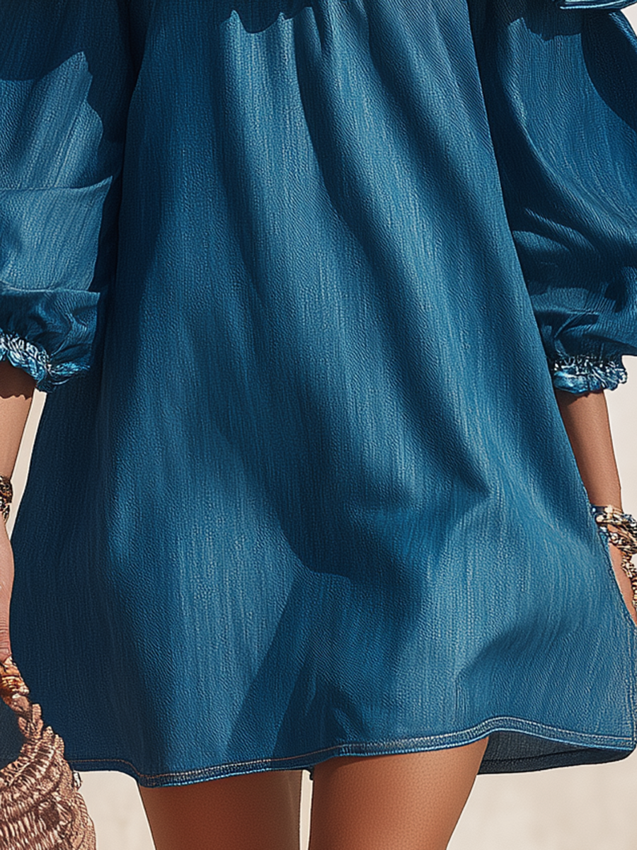 Resort-style off-the-shoulder ruffled three-quarter sleeve denim mini dress oaklynwear