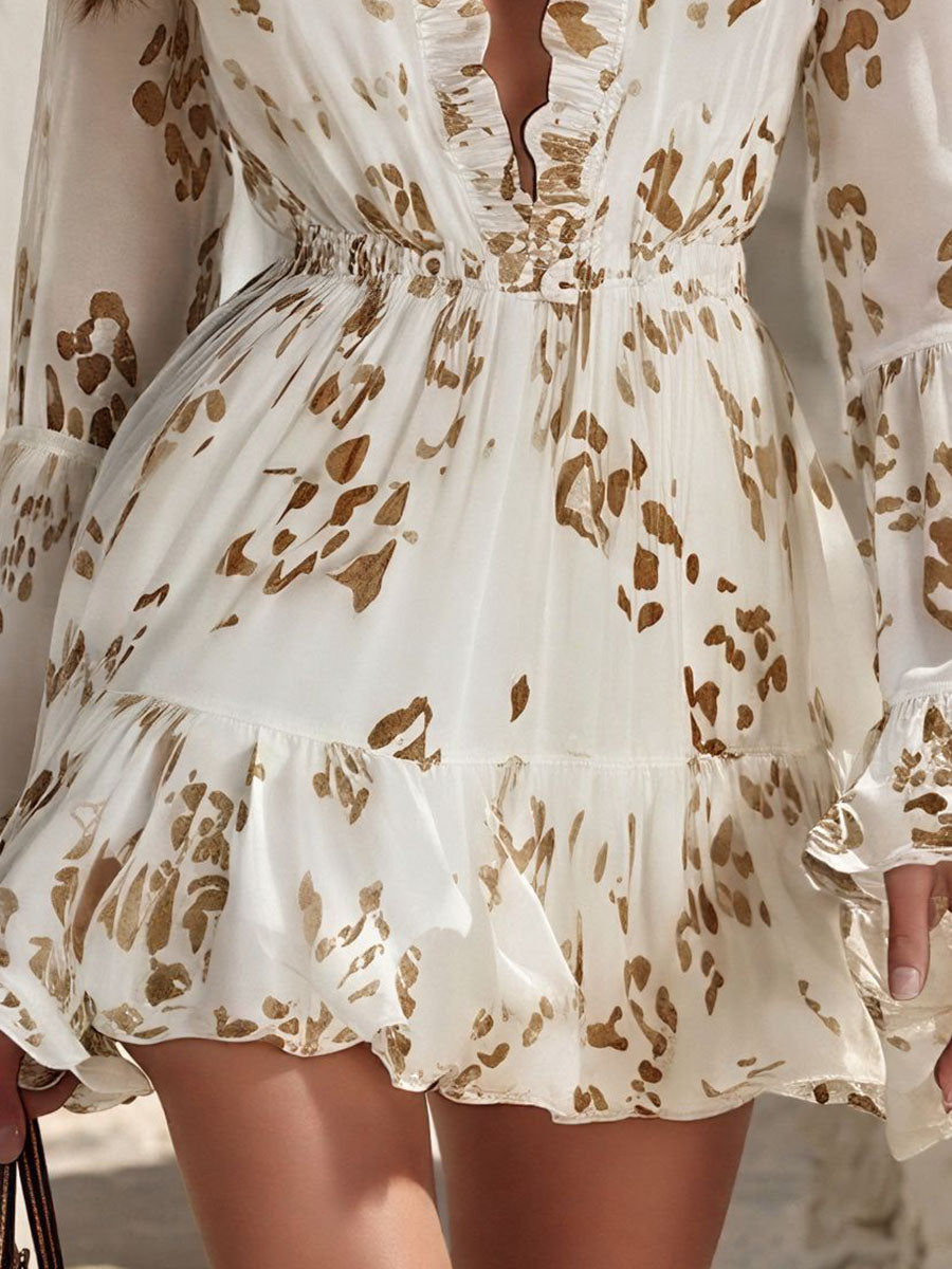 Vacation-Style V-Neck Ruffled Flared-Sleeve Print Chiffon Mini Dress oaklynwear
