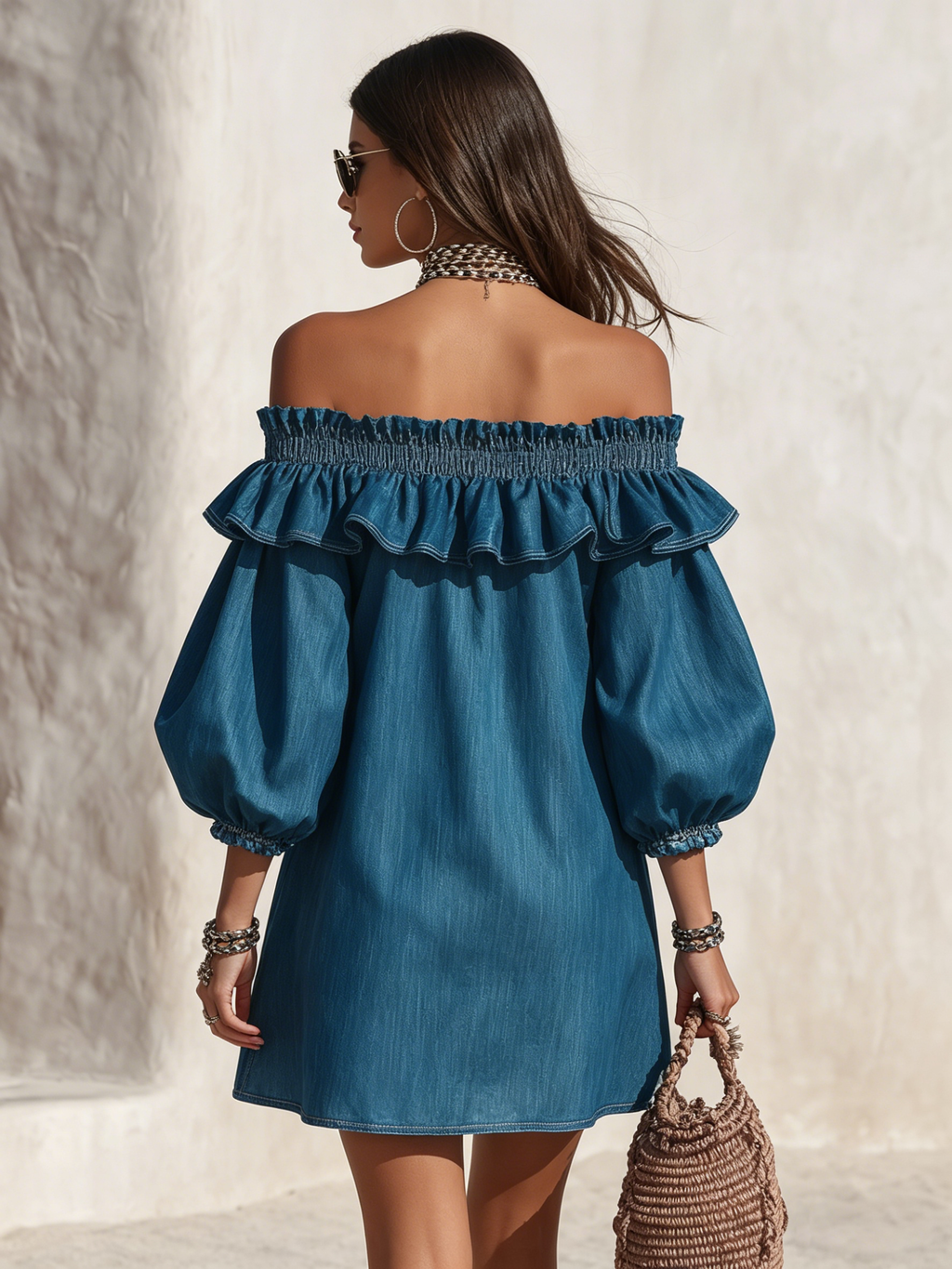 Resort-style off-the-shoulder ruffled three-quarter sleeve denim mini dress oaklynwear