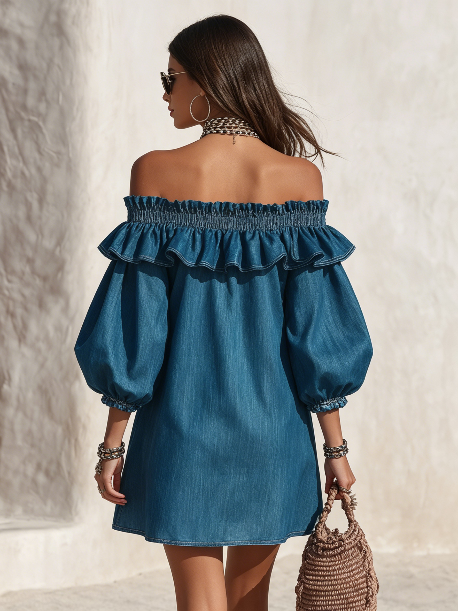 Resort-style off-the-shoulder ruffled three-quarter sleeve denim mini dress oaklynwear