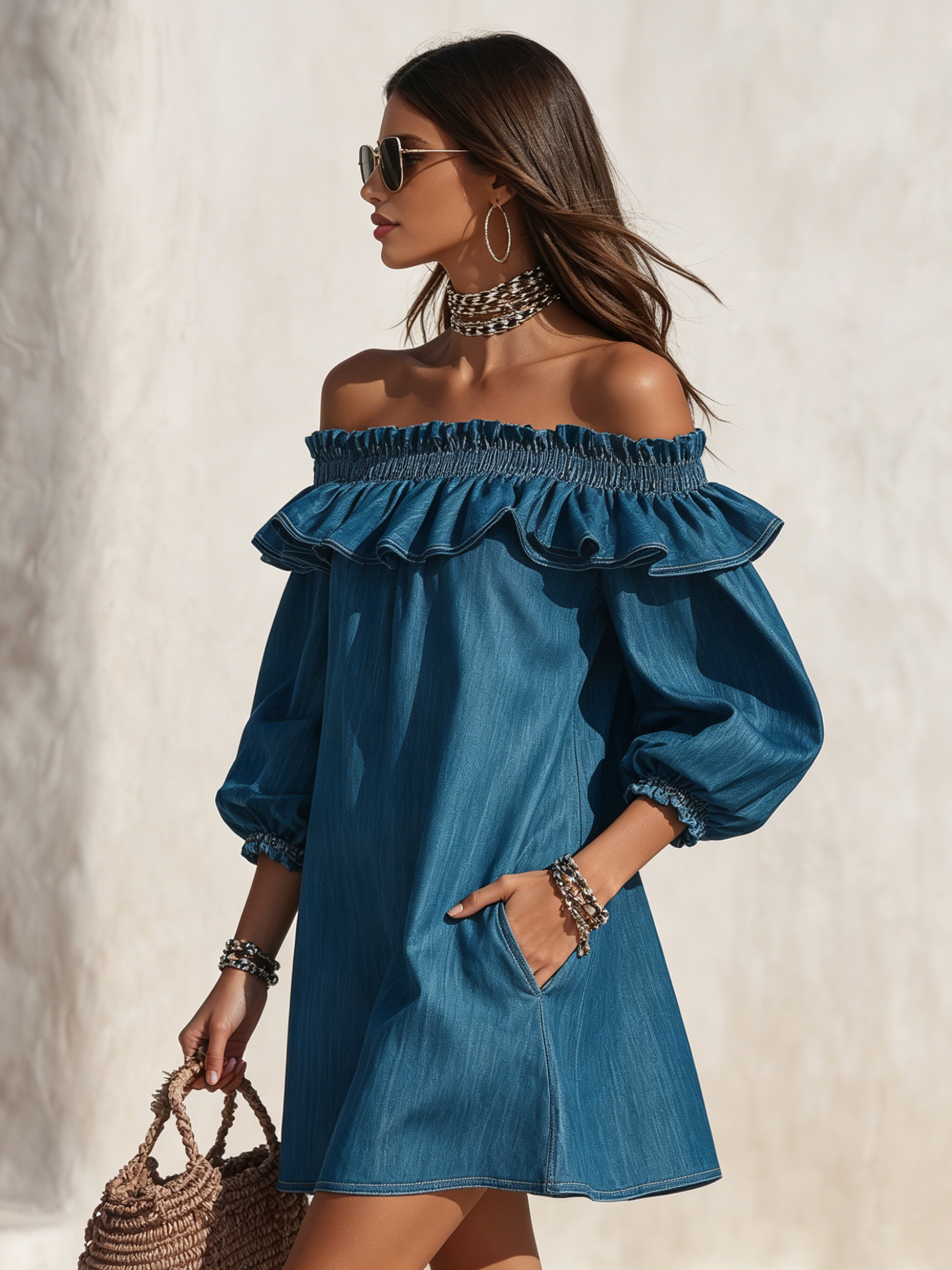 Resort-style off-the-shoulder ruffled three-quarter sleeve denim mini dress oaklynwear