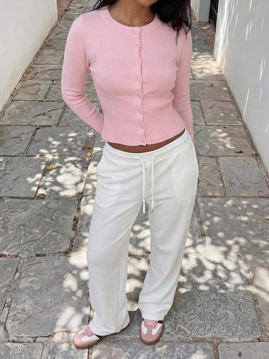 Ashlyn Round Neck Fitted Button Front Cardigan - front view