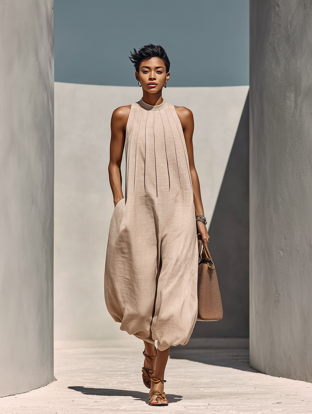 Women’s Beige Linen-Blend Sleeveless Gathered Round Neck Jumpsuit MDZ1113E2T oaklynwear
