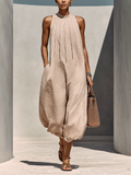 Women’s Beige Linen-Blend Sleeveless Gathered Round Neck Jumpsuit MDZ1113E2T oaklynwear