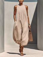 Women’s Beige Linen-Blend Sleeveless Gathered Round Neck Jumpsuit MDZ1113E2T oaklynwear