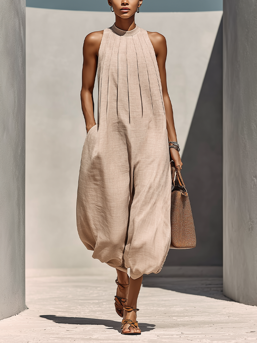 Women’s Beige Linen-Blend Sleeveless Gathered Round Neck Jumpsuit MDZ1113E2T oaklynwear