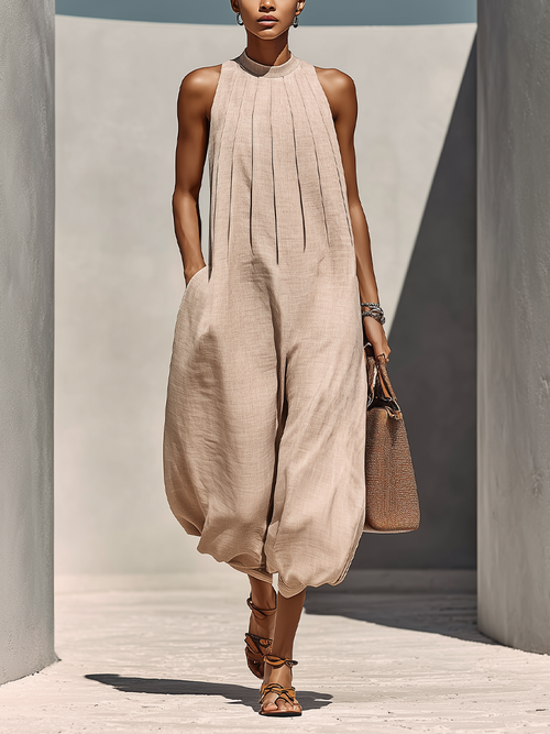 Breezy | Gathered Round Neck Linen Jumpsuit oaklynwear